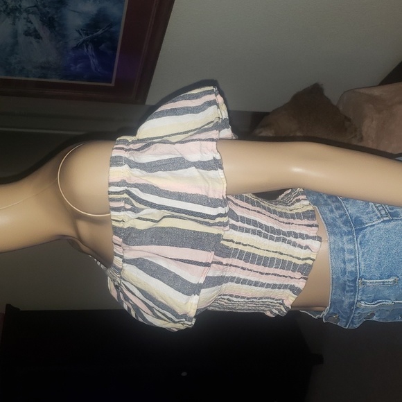 Derek Heart L adorable flounce off shoulder pastel stripes smocked waist crop - Picture 3 of 6